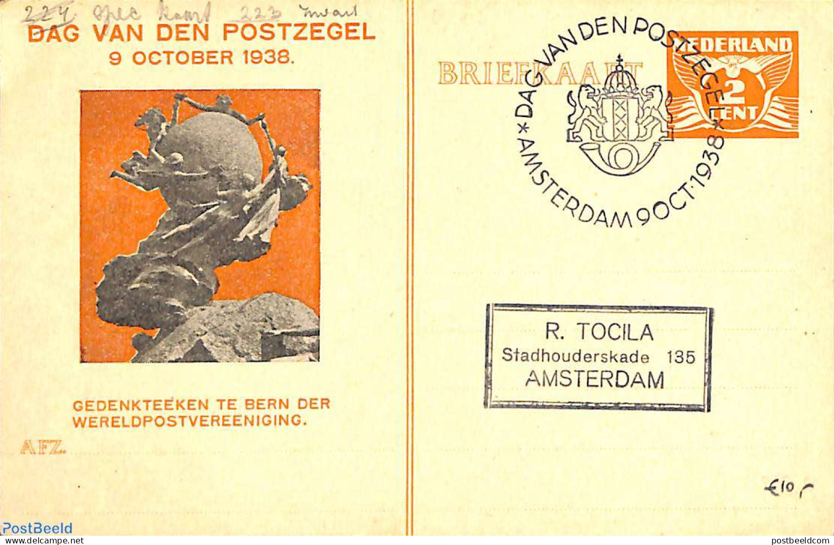 Netherlands, Fdc Stamp Day 1938 Postcard 2c, Stamp Day, Used Postal Stationary, Stamp Day - Journée Du Timbre