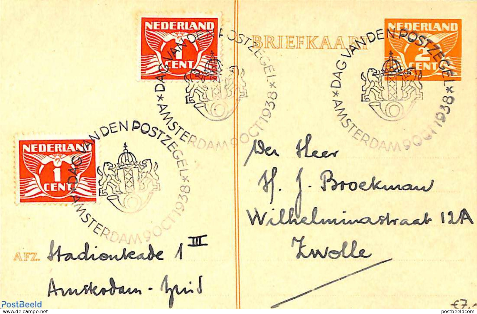 Netherlands, Fdc Stamp Day 1938 Postcard 2c, With Stamp Day Cancellations, Used Postal Stationary, Stamp Day - Journée Du Timbre