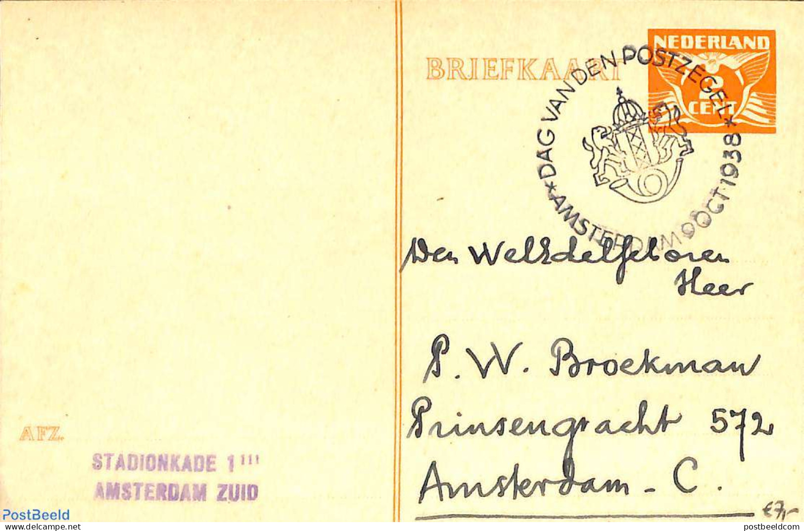 Netherlands, Fdc Stamp Day 1938 Postcard 2c With Stamp Day Cancellation, Used Postal Stationary, Stamp Day - Journée Du Timbre