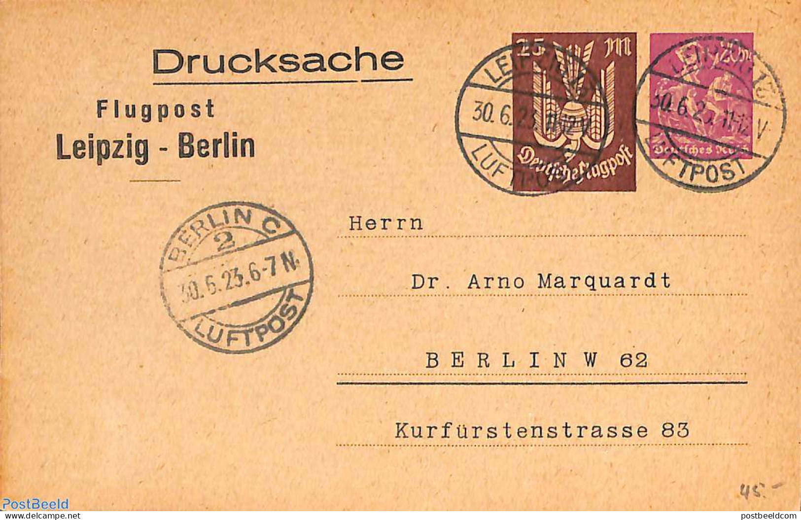 Germany, Empire 1923 Airmail Postcard 20+25m Leipzig-Berlin, Used Postal Stationary - Covers & Documents