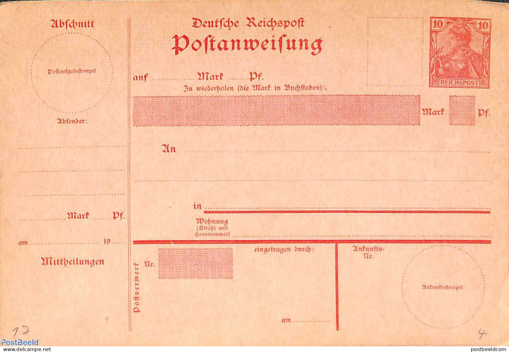 Germany, Empire 1901 Postanweisung 10pf, Reichspost, Unused Postal Stationary - Brieven En Documenten