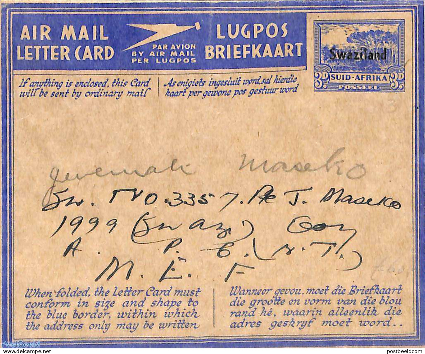 Eswatini/Swaziland 1944 Aerogramme 3d, Used Postal Stationary - Swaziland (1968-...)