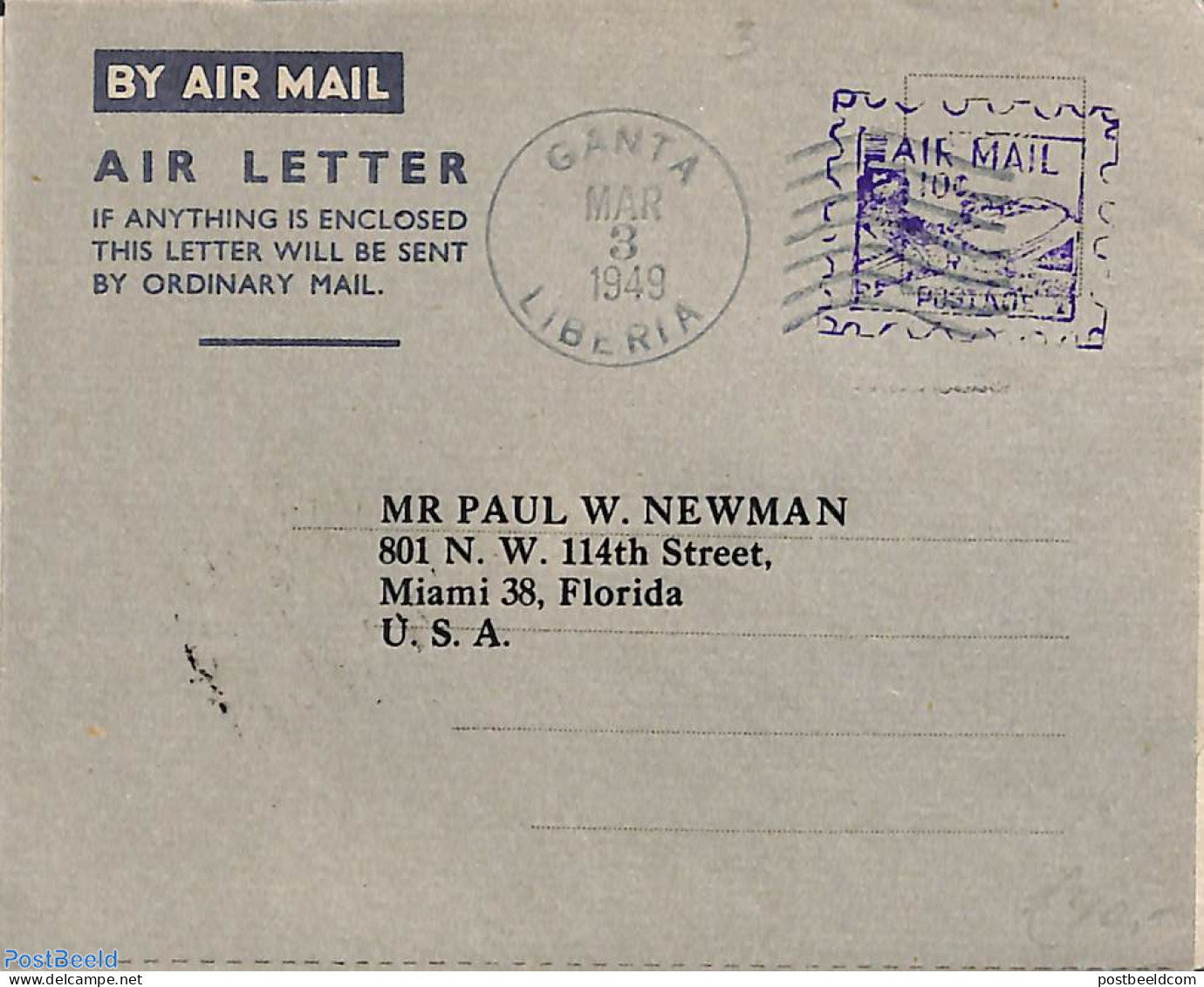 Liberia 1949 Aerogramme 10c To USA, Used Postal Stationary, Transport - Aircraft & Aviation - Aviones