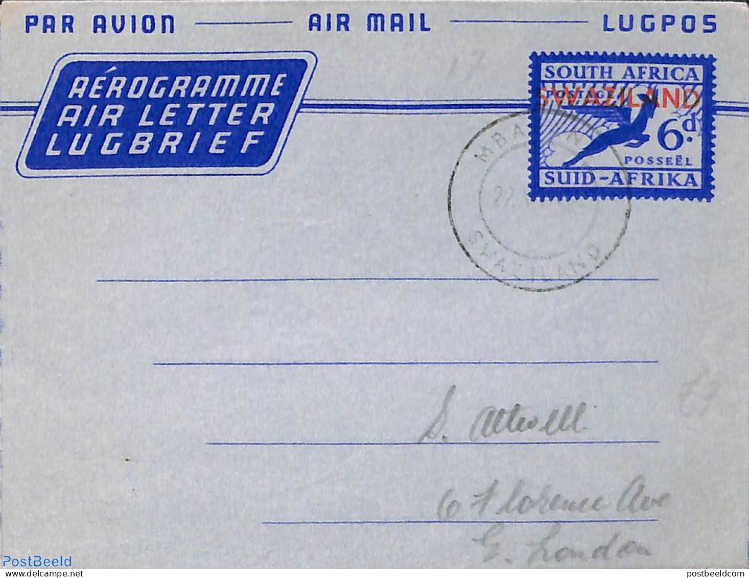 Eswatini/Swaziland 1954 Aerogramme 6d To England, Used Postal Stationary - Swaziland (1968-...)