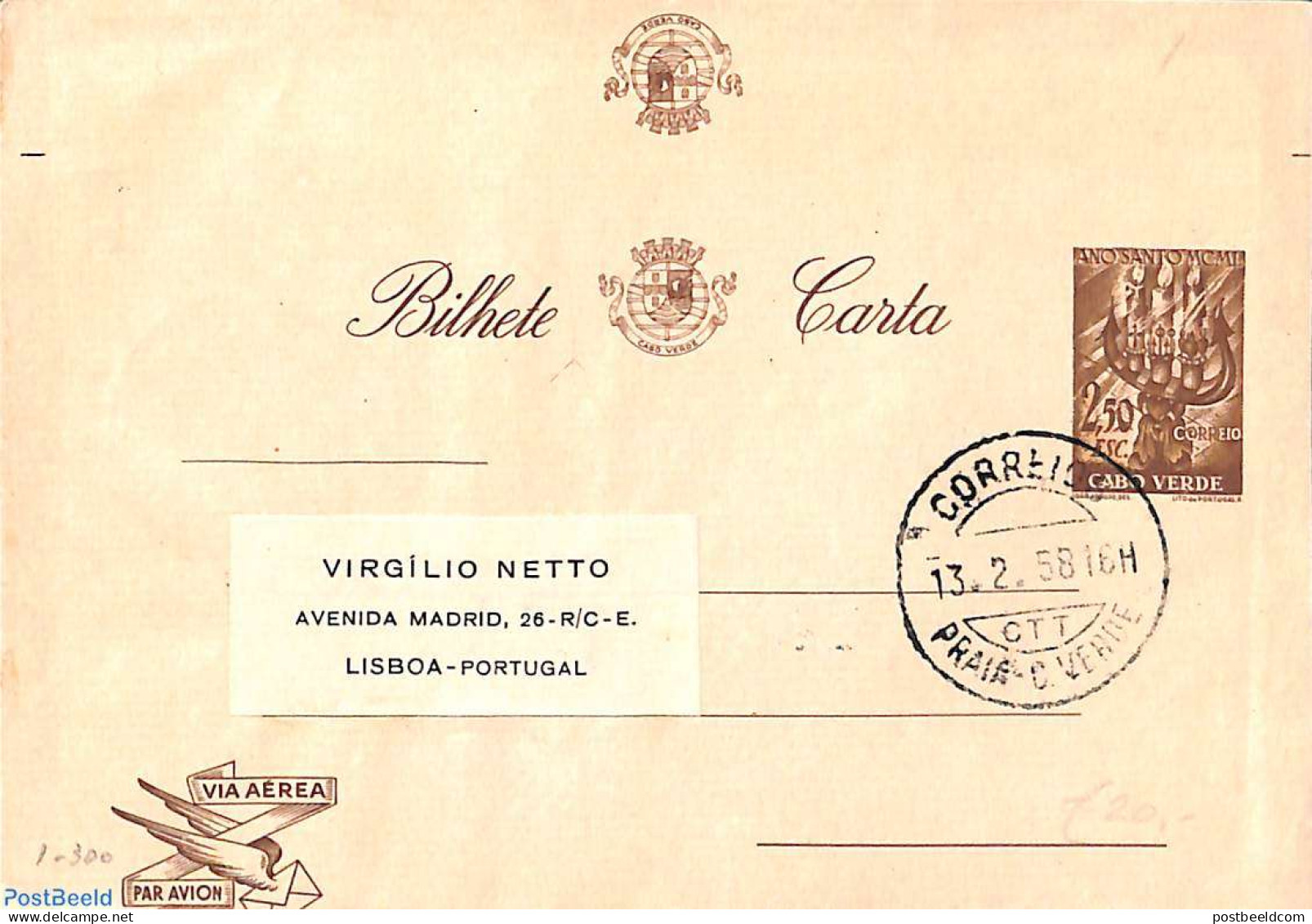 Cape Verde 1958 Aerogramme 2.50 To Portugal, Used Postal Stationary - Islas De Cabo Verde