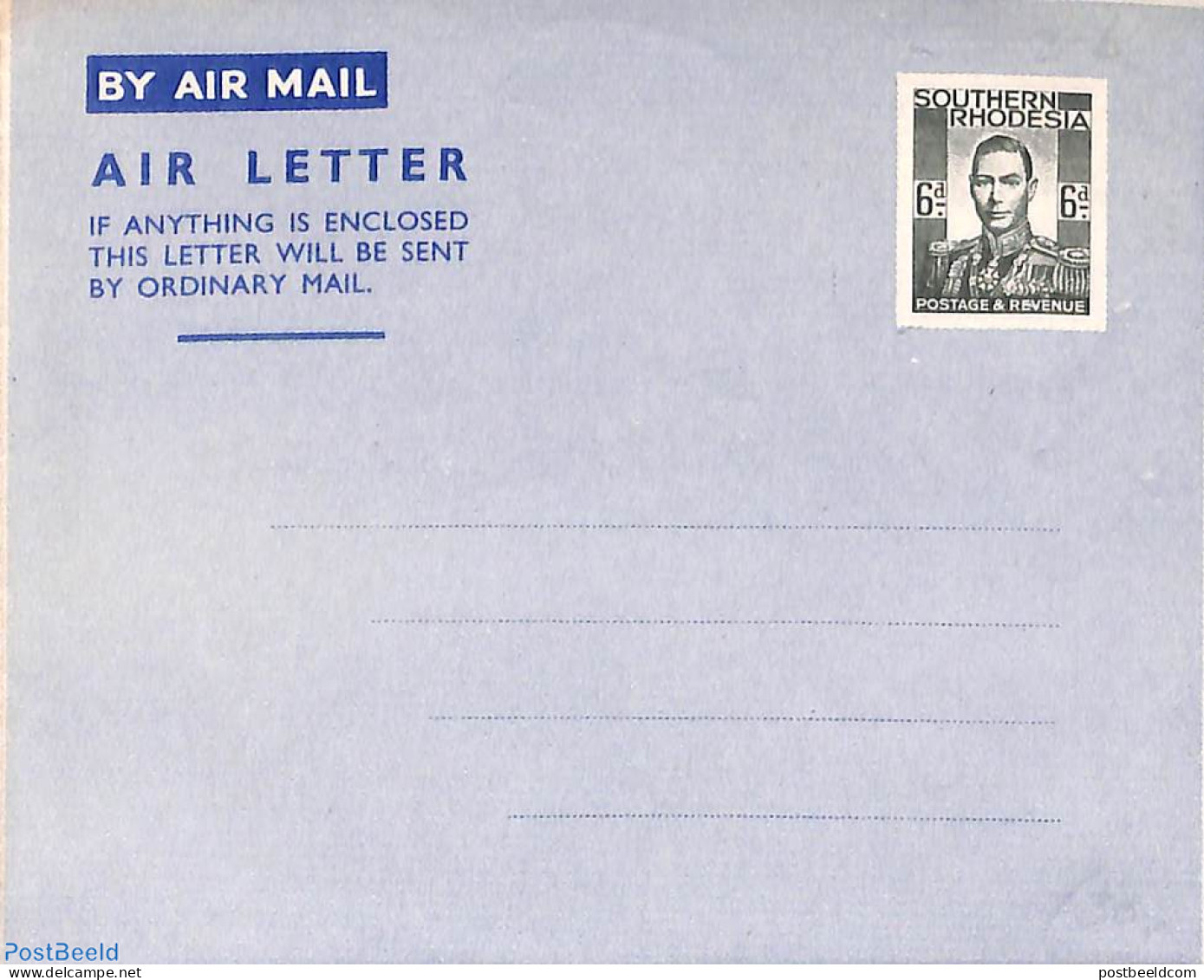 Rhodesia, Southern 1947 Aerogramme 6d, Without WM, Unused Postal Stationary - Autres & Non Classés