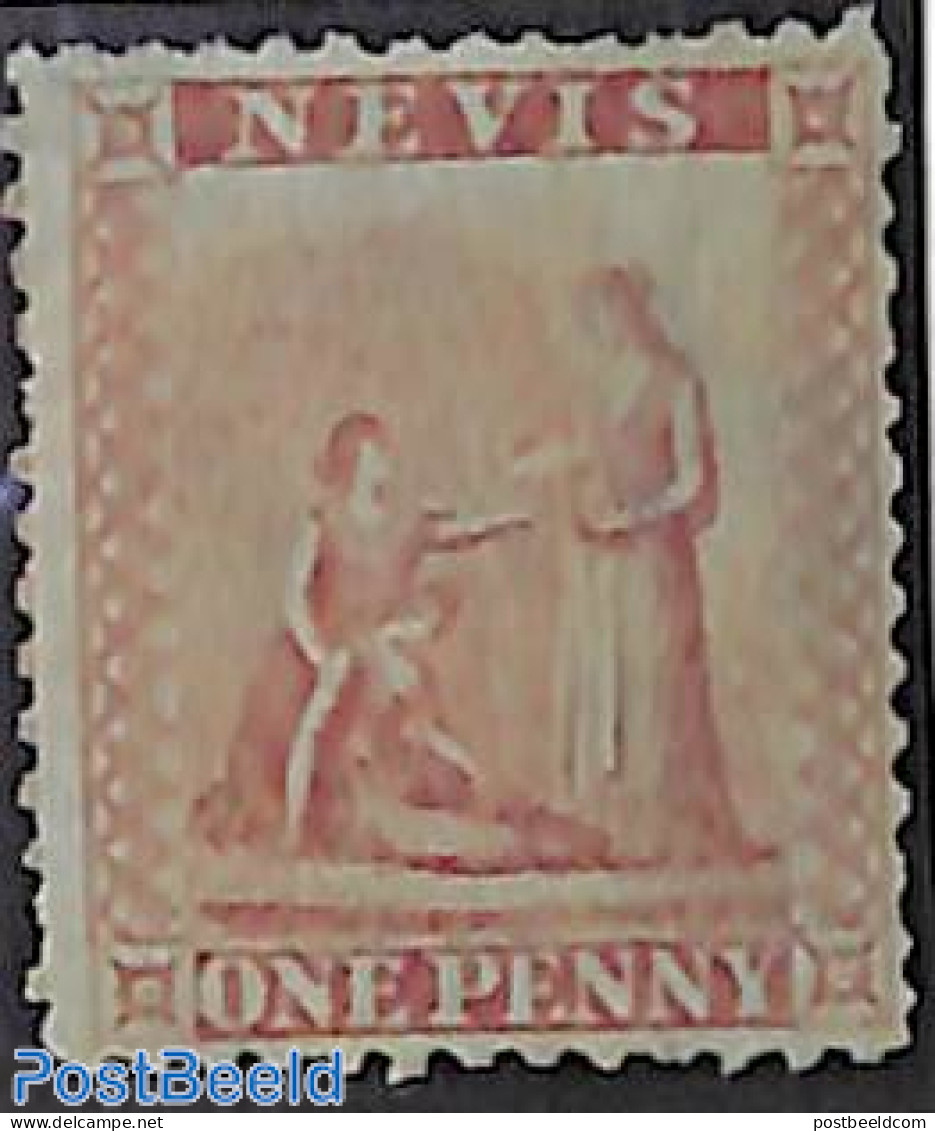 Nevis 1861 1d, Perf. 13 On Bluish Paper, No Gum, Stamp Out Of Set, Unused (hinged) - St.Kitts-et-Nevis ( 1983-...)