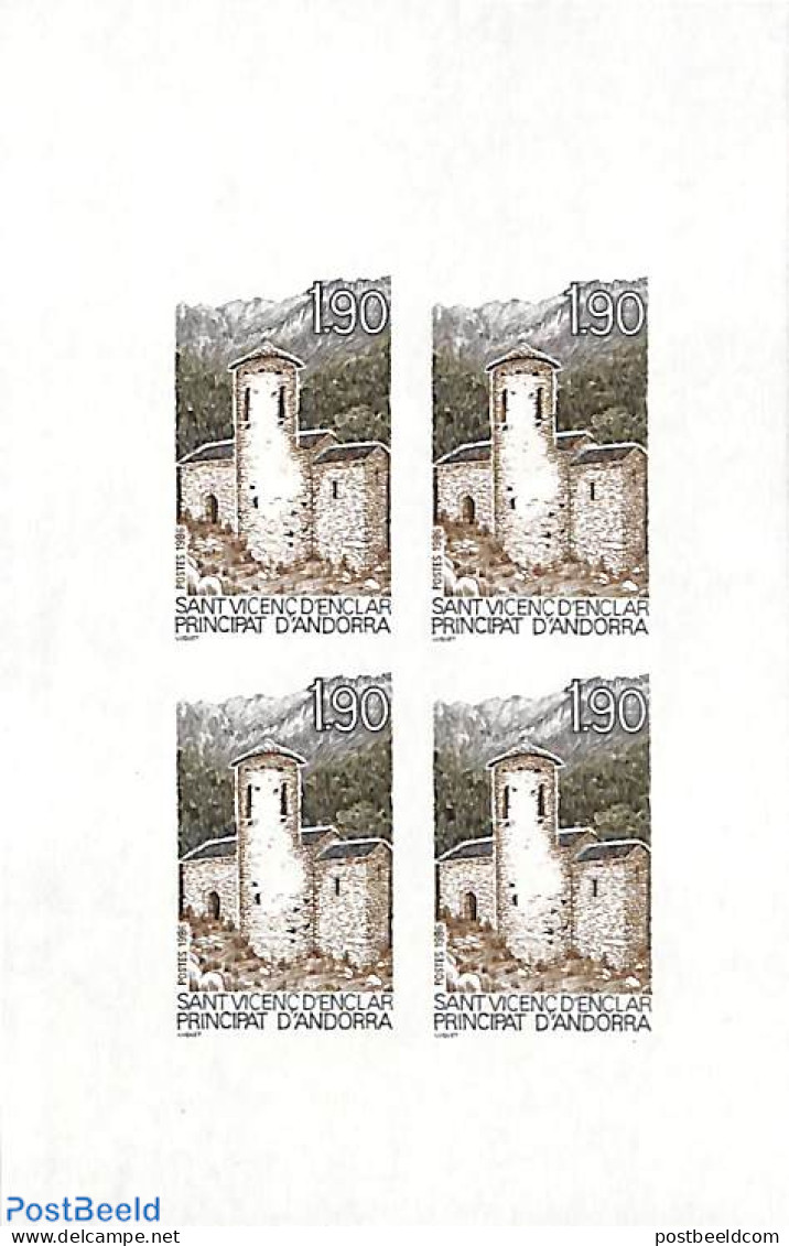 Andorra, French Post 1986 Cultural Heritage 1v, Imperforated Block M/s With 4 Stamps, Mint NH, Religion - Churches, Te.. - Ungebraucht