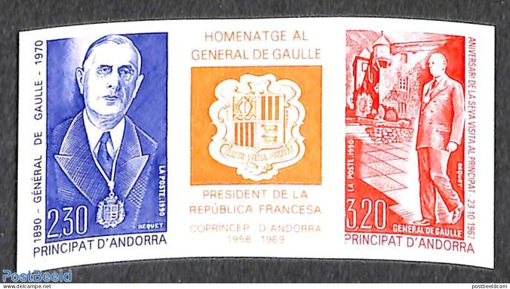 Andorra, French Post 1990 Charles De Gaulle 2v+tab [:T:], Imperforated, Mint NH, History - French Presidents - Politic.. - Neufs