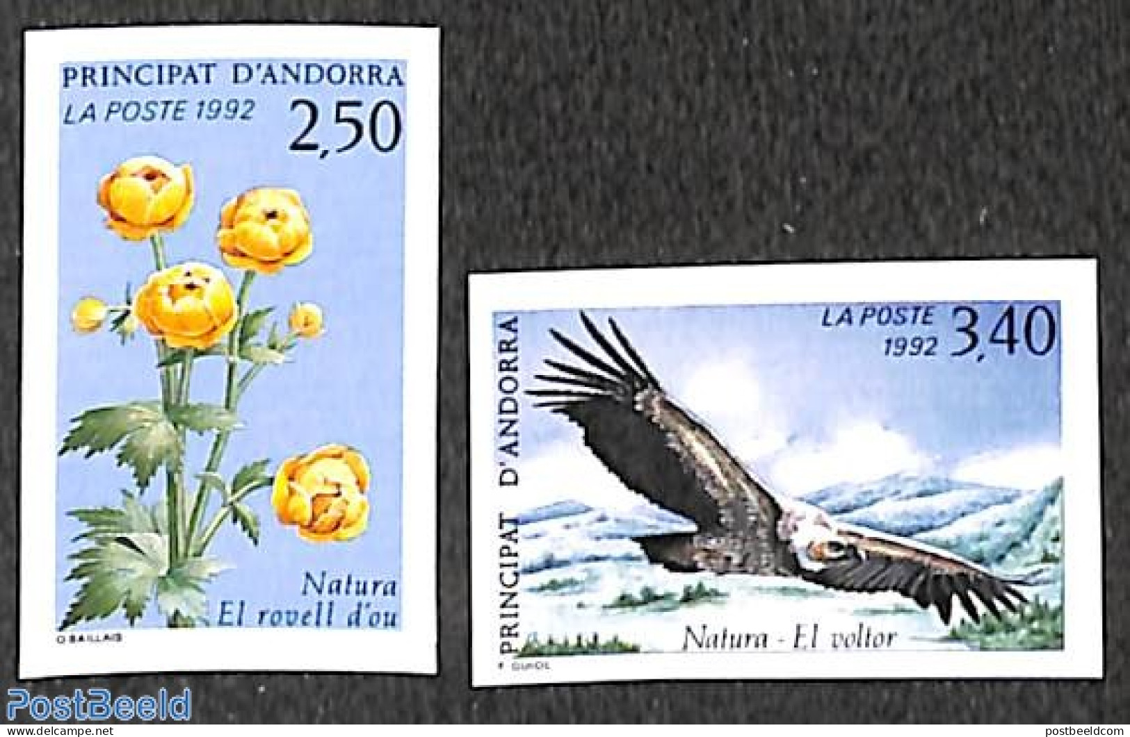 Andorra, French Post 1992 Nature 2v, Imperforated, Mint NH, Nature - Birds - Birds Of Prey - Flowers & Plants - Ongebruikt