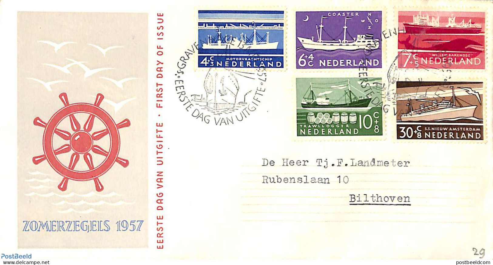 Netherlands 1957 Ships 5v, FDC, Typed Address, Closed Flap, First Day Cover, Transport - Ships And Boats - Briefe U. Dokumente