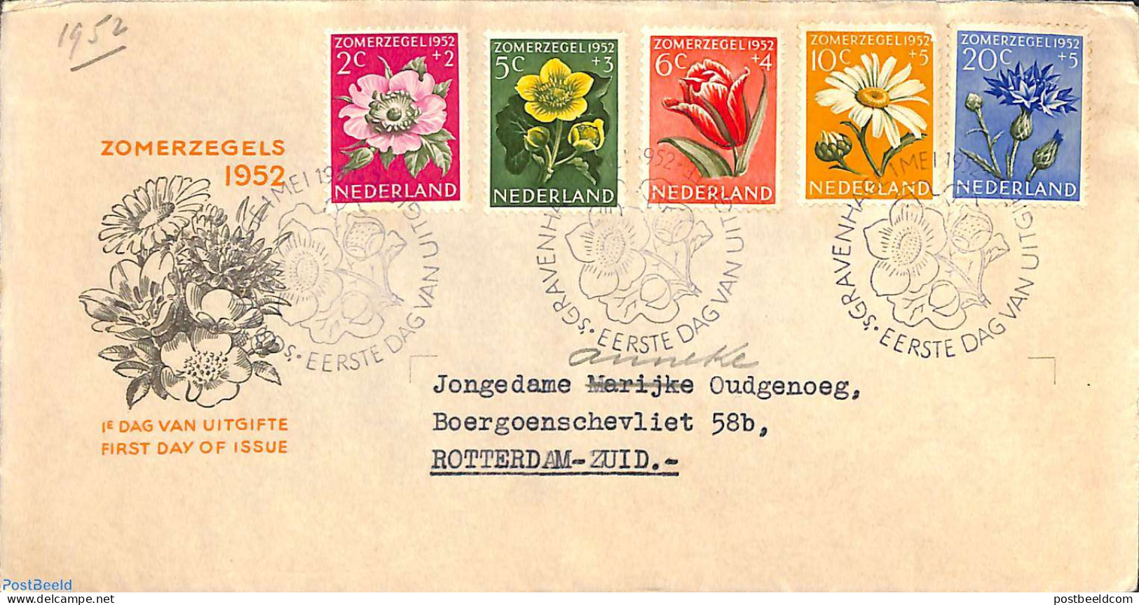 Netherlands 1952 Flowers 5v, FDC, Typed Address, Closed Flap, Open Top, First Day Cover, Nature - Flowers & Plants - Lettres & Documents