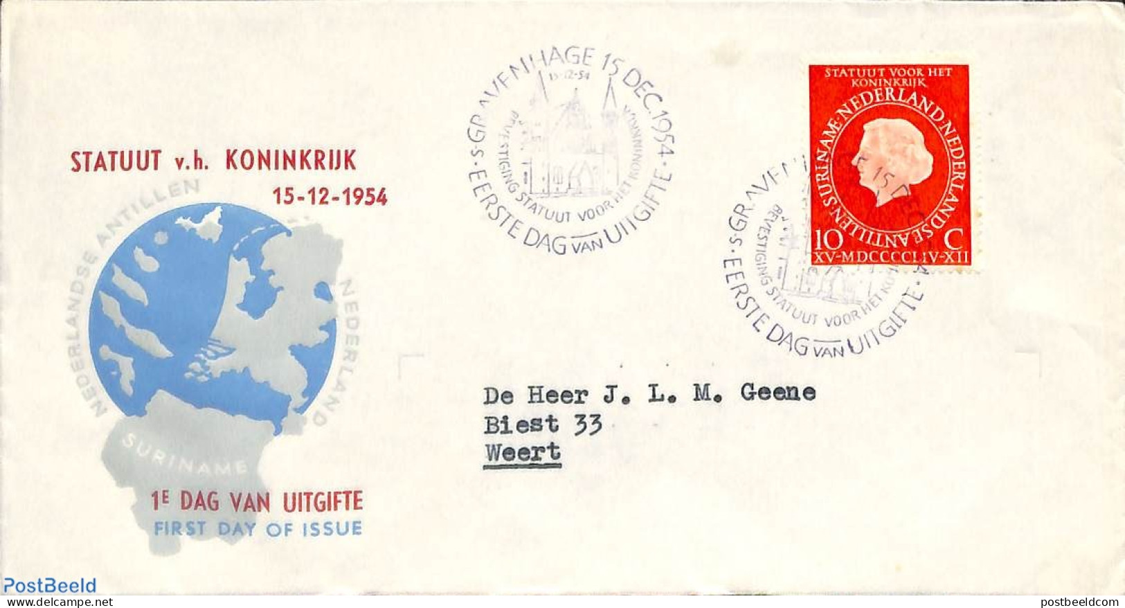 Netherlands 1954 Statute 1v (strip Of 3), FDC, Closed Flap, Typed Address, First Day Cover - Covers & Documents