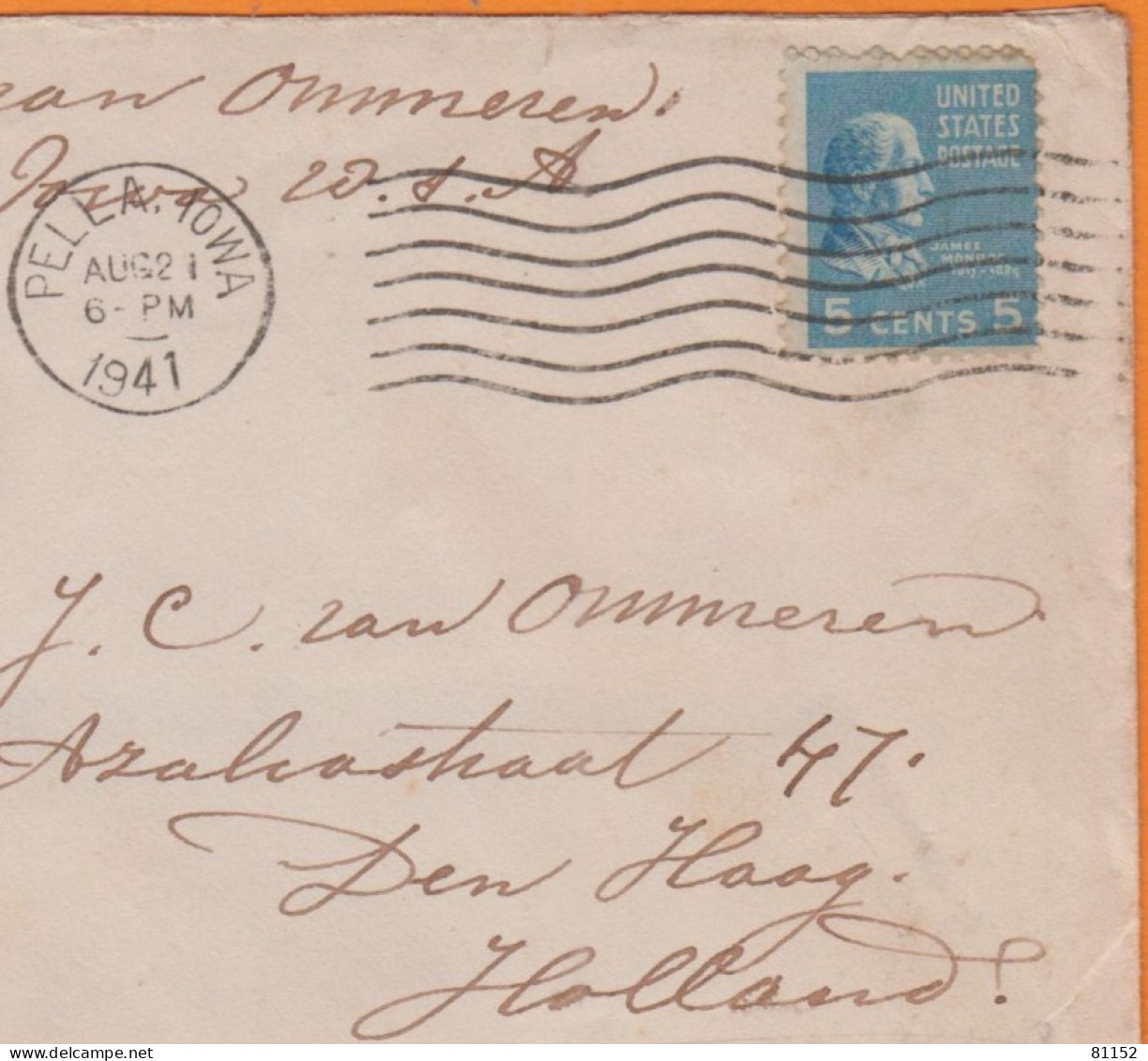 U.S.A. Lettre Avec CENSURE ALLEMANDE De PELLA. IOWA Le 6 AUG 1941 Pour DEN HAAG Pays-Bas  à 5 Cents - Covers & Documents