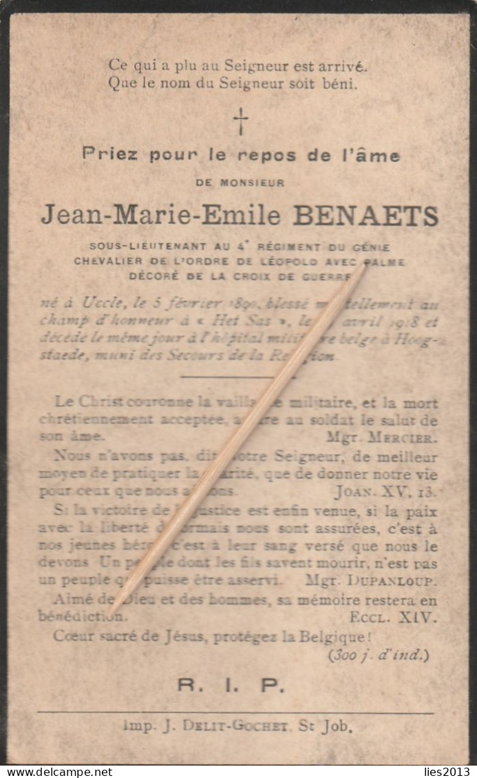 Oorlogsslachtoffer, 1918, Uccle HET SAS Jean-Emile BENAETS Sous-lieutenant Au 4e Régiment Du Génie - Devotion Images