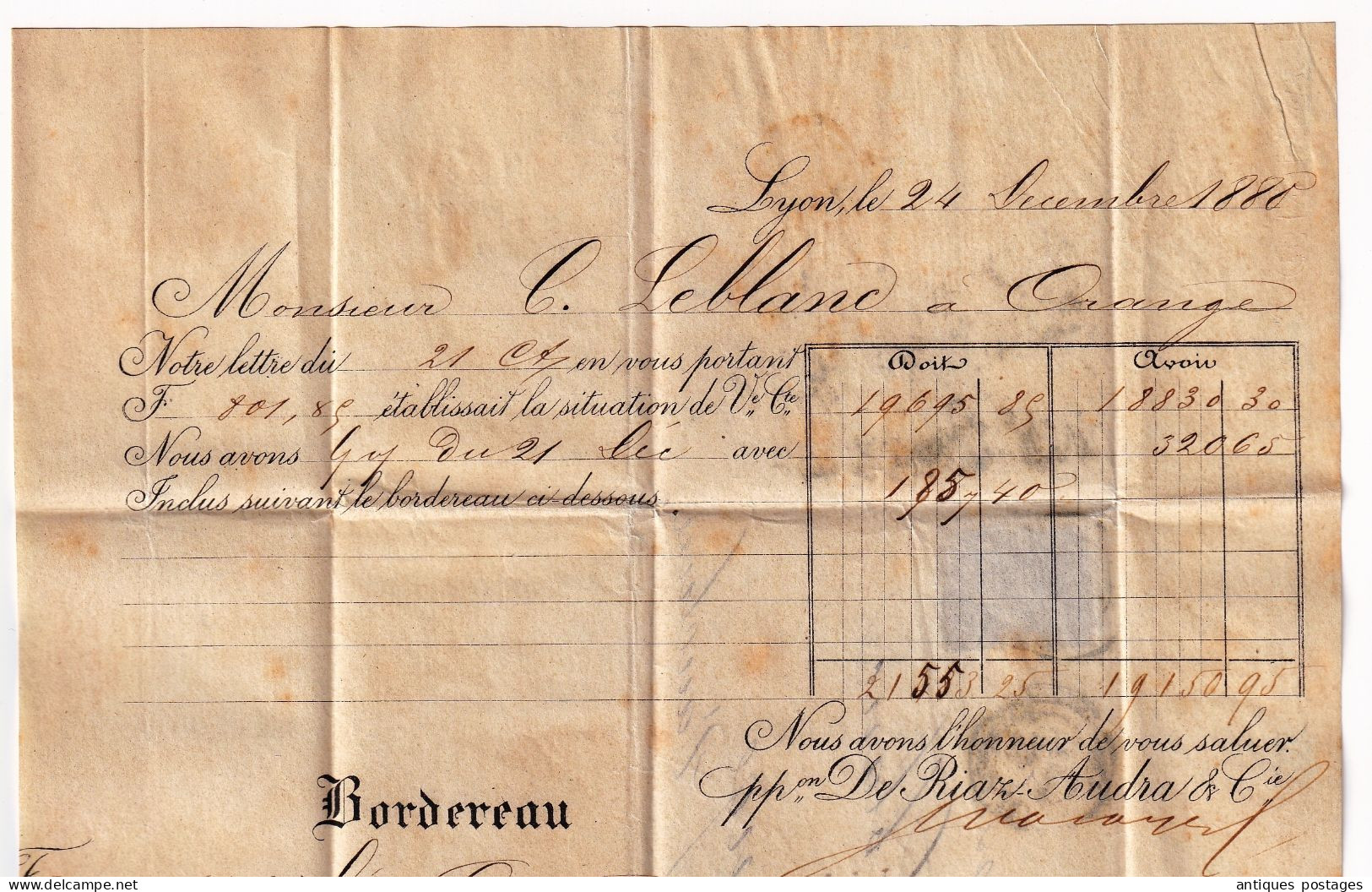 Lettre 1880 Sage 15c Lyon Rhône Pour Orange Vaucluse Riaz Audra Banque Recouvrement Bank Finance - 1876-1898 Sage (Type II)