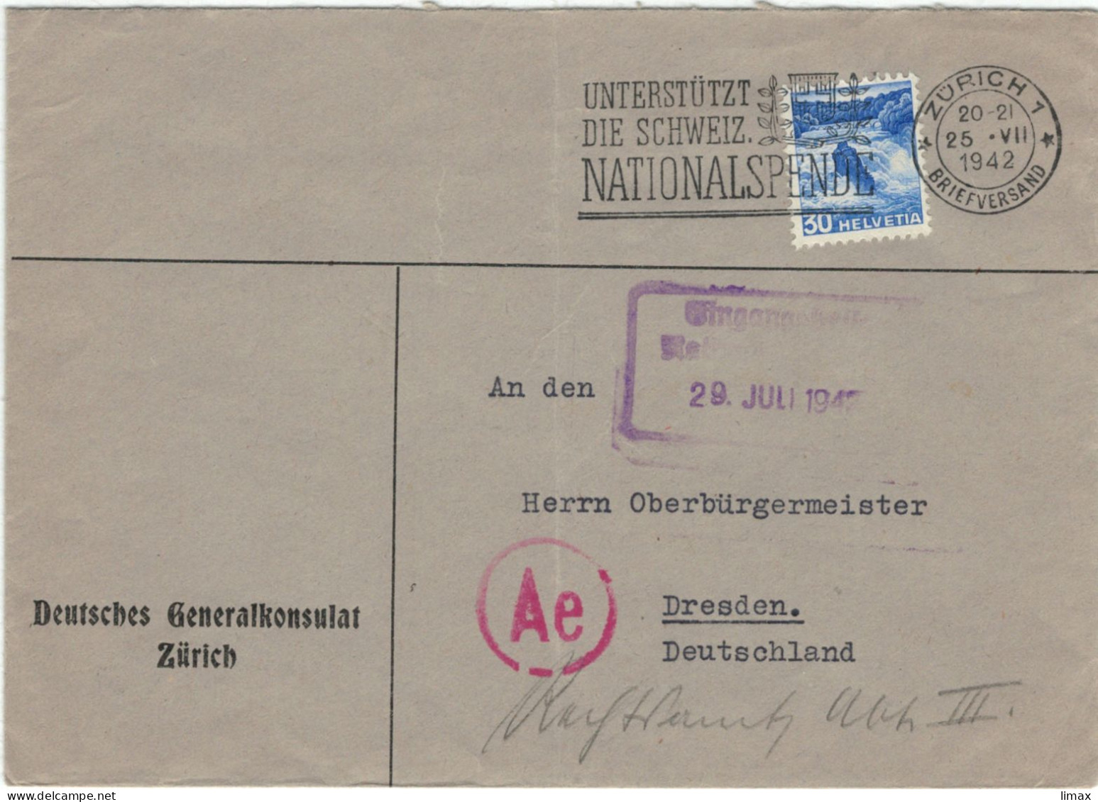 Dt. Generalkonsulat Zürich 1942 > Oberbürgermeister Dresden - Zensur OKW Ae - Unterstützung Nationalspende - Rheinfall - Brieven En Documenten