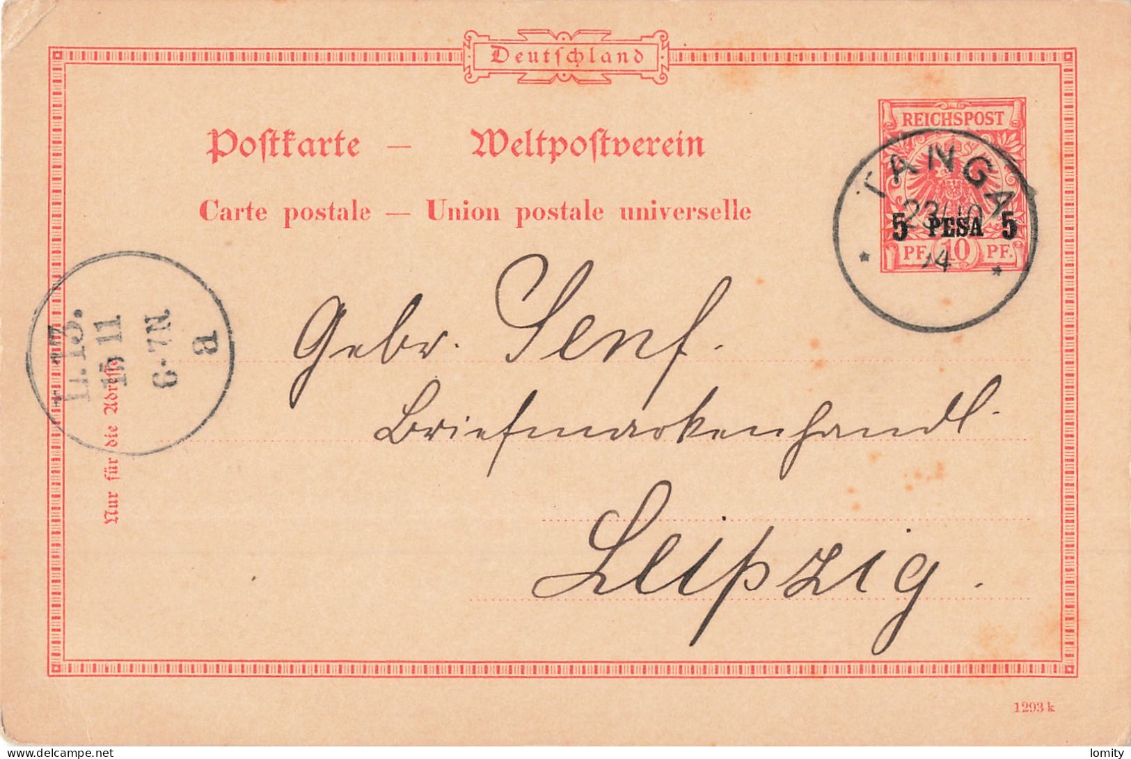 Colonie Allemande Afrique Orientale Entier Postal Cachet Tanga 1894 Deutsch Ostafrika Surcharge 5 Pesa 10 Pfg Ganzsache - German East Africa