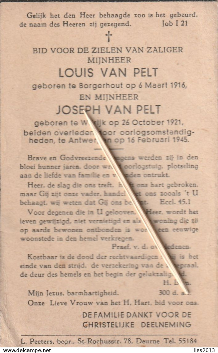 Oorlogsslachtoffer, 1945, Louis-Joseph Van Pelt, Wilrijk, Borgerhout, Antwerpen, 1945 - Images Religieuses