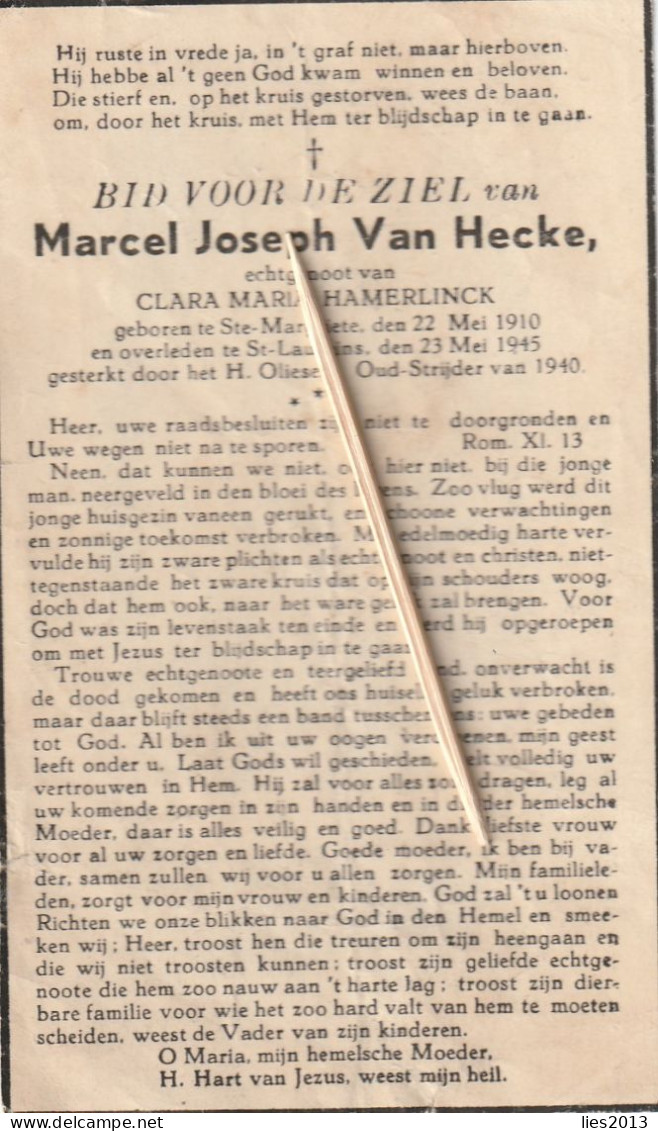 Oorlogsslachtoffer, 1940, Marcel Van Hecke, Hamerlinck, Sint-Margriete, Sint-Laureins, - Images Religieuses