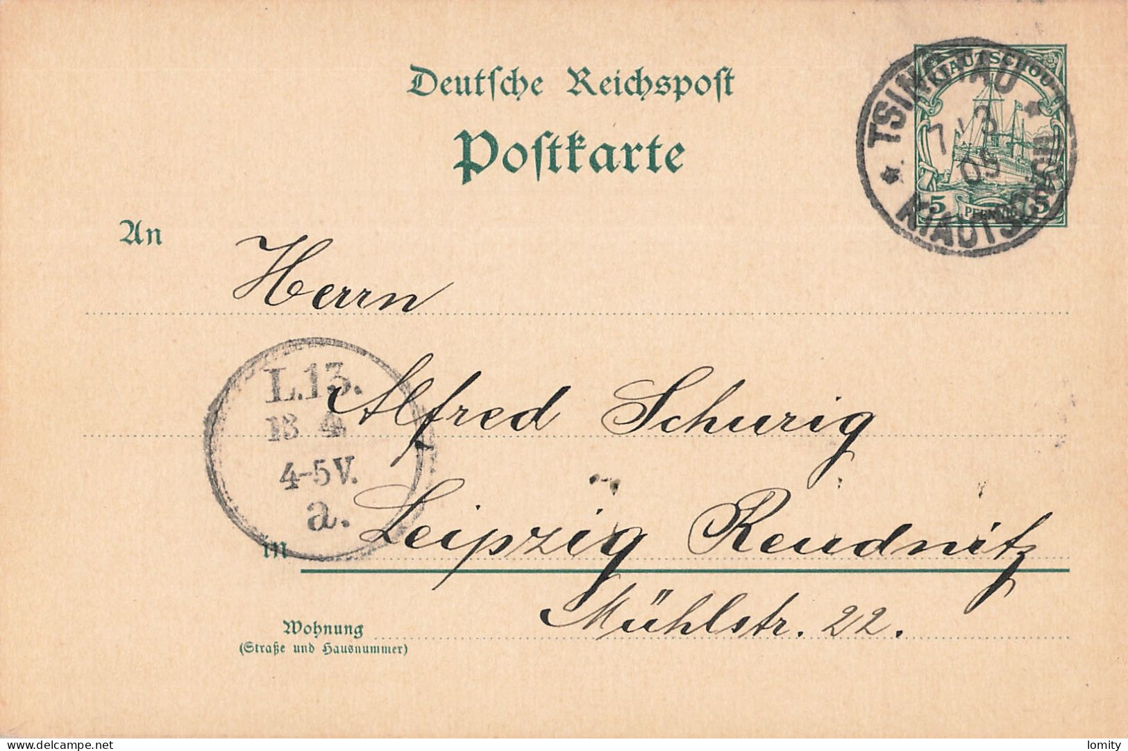 Colonie Allemande Kiautschou Tsingtau Entier Postal Ganzsache Chine China Pour Leipzig Cachet 1905 , Kiautchou - Kiauchau