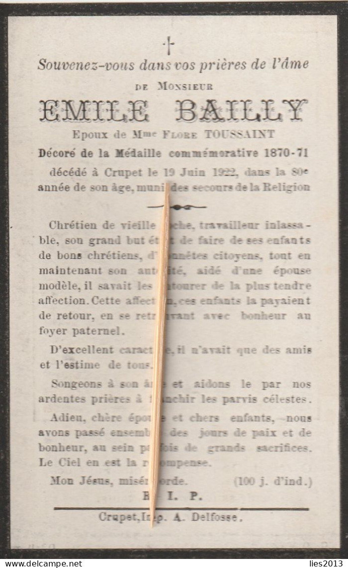 Crupet , 1922, Emile Bailly, Toussaint, Medaille Commémorative : 1870-1871 - Andachtsbilder