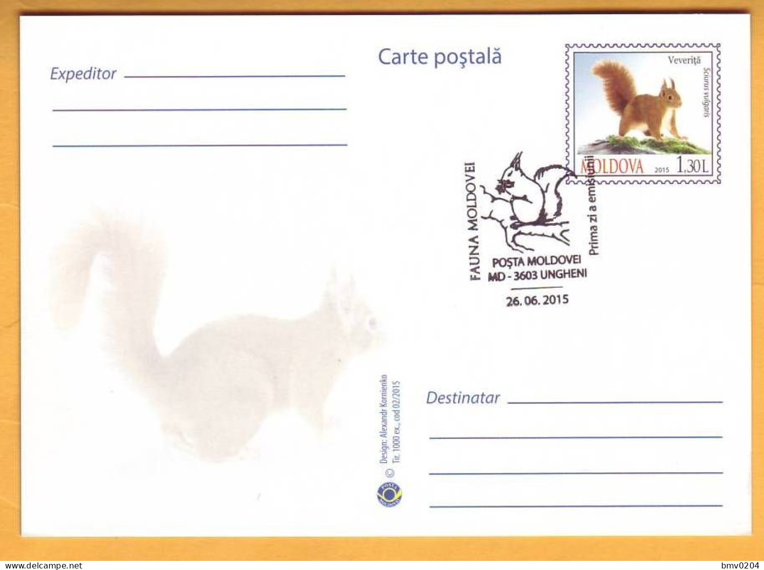 2015 Moldova Moldavie Moldau  FDC  Fauna Wildlife. Postcard With An Original Postage Stamp Squirrel Eichhörnchen - Moldavie