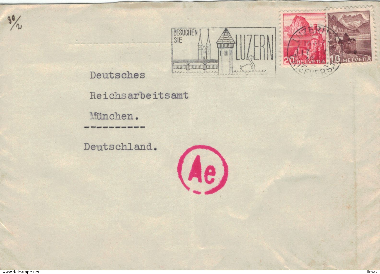 Caneri Luzern 1942 > Reichsarbeitsamt München - Zensur OKW Ae - Besuchen Sie - Schwan Kapellbrücke Hofkirche - Brieven En Documenten