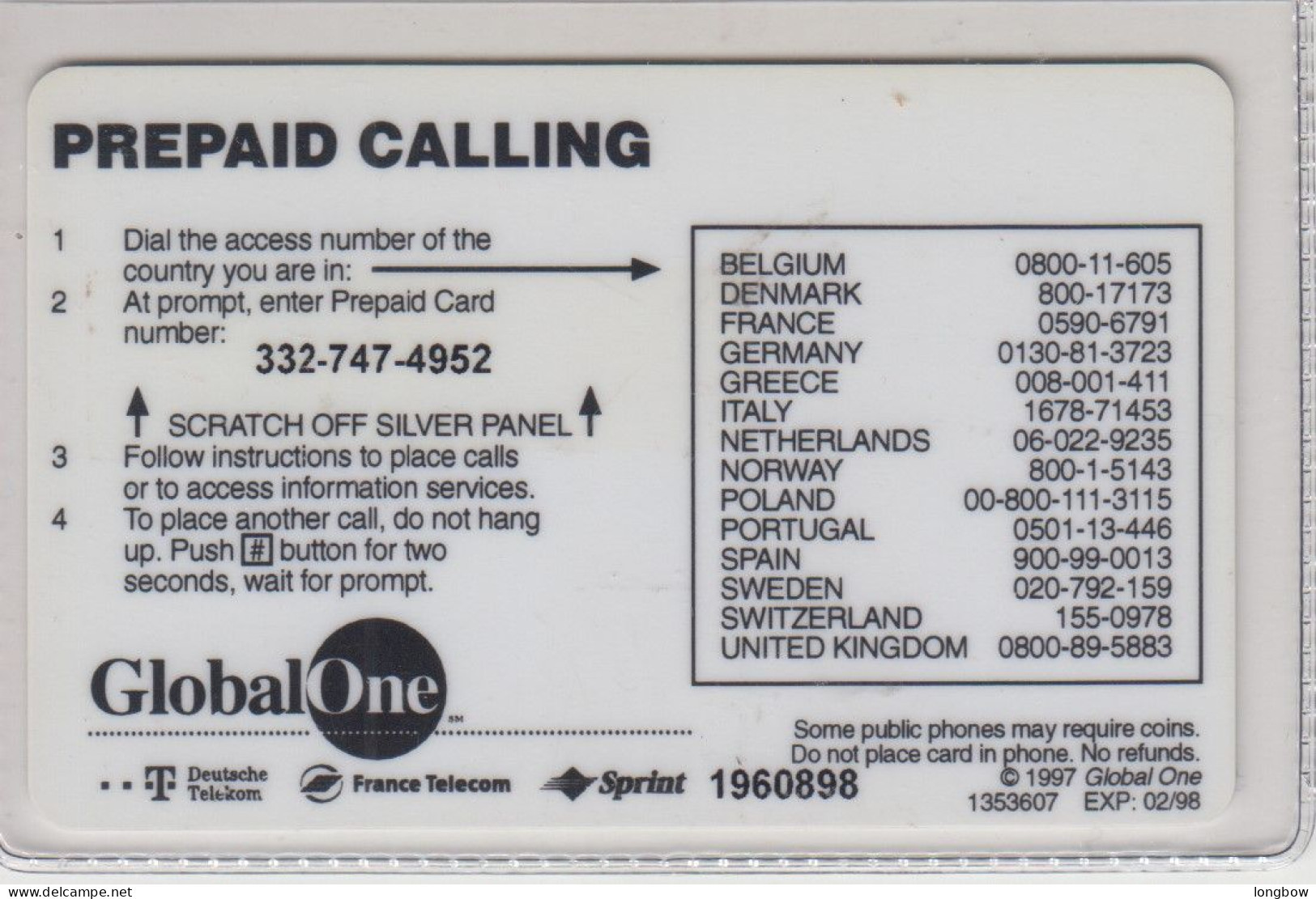 GlobalOne Dalmatians ,Prepaid Calling , Used Exp.02-98 - Film