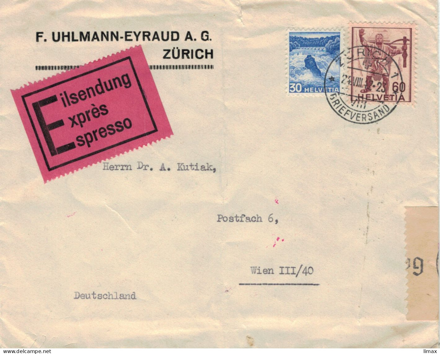 Uhlmann-Eyraud Zürich Briefversand 1942 > Dr. Kutiak Wien - Zensur OKW - Rheinfall Armbrust-Schütze Eilsendung - Lettres & Documents