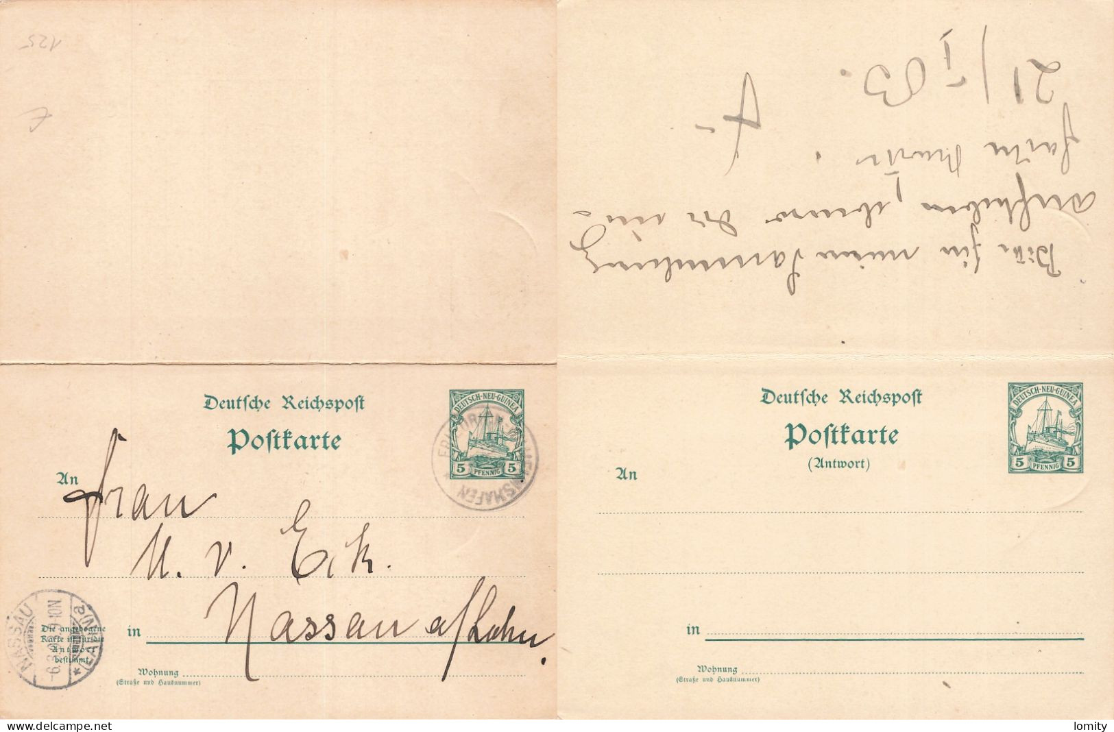 Colonie Allemande Deutsch New Guinea Double Entier Postal Ganzsache Nouvelle Guinée Cachet Friedrich Wilhelmshafen - Nouvelle-Guinée
