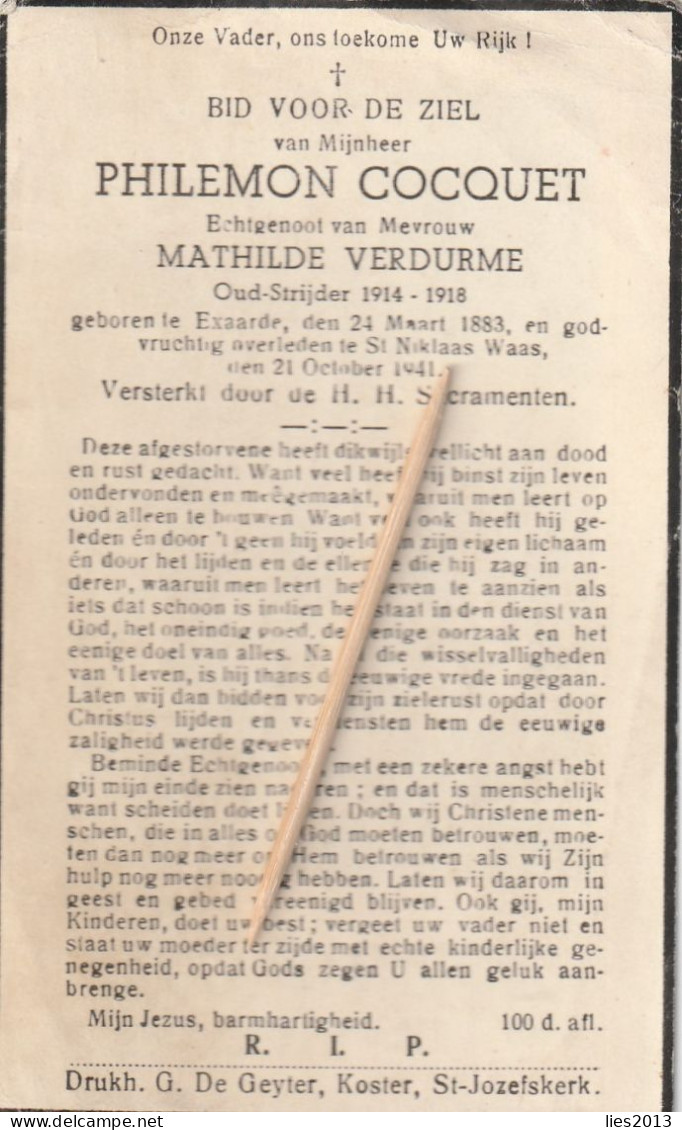 Exaarden Eksaarde, 1941, Philemon Cocquet, Verdurme, Oudstrijder : 1914-18 - Devotion Images