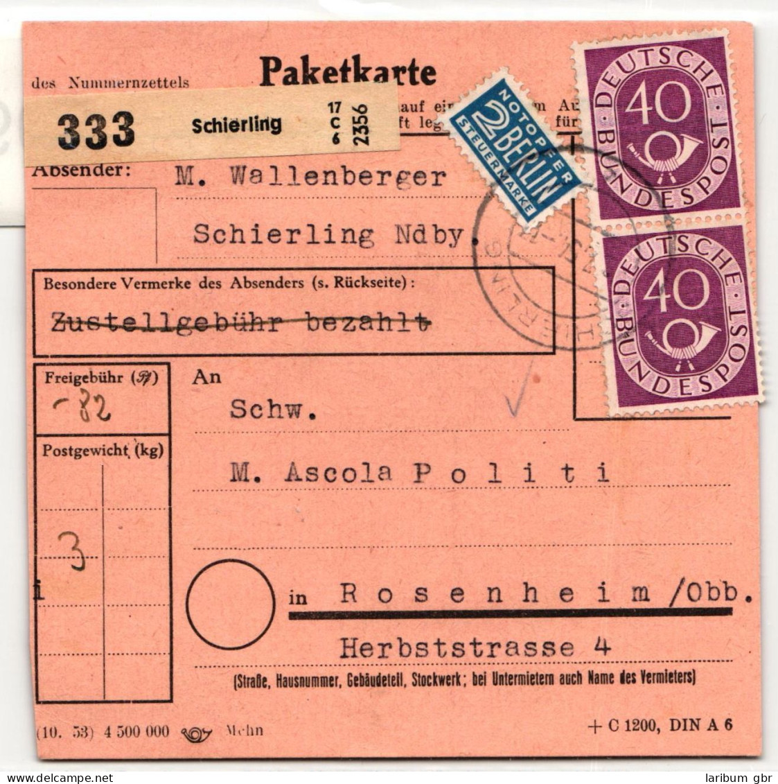 BRD 133 Auf Paketkarte Als Mehrfachfrankatur, Portogerecht #HW992 - Other & Unclassified