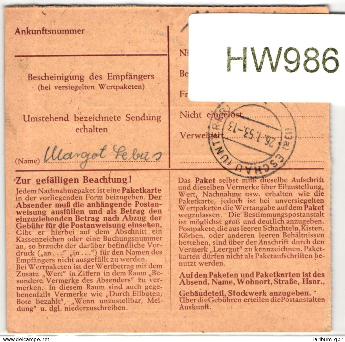 BRD 138 Auf Paketkarte, Portogerecht #HW986 - Other & Unclassified