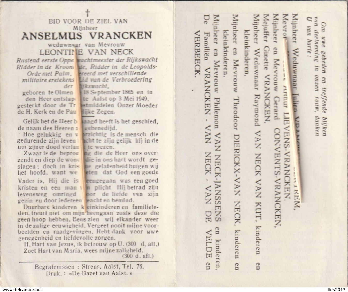 Rijkswachter, Anselmus Vranken, Van Neck, Olmen, AAlst, 1949, - Devotion Images