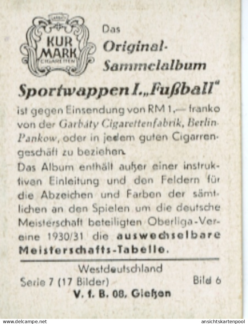 Sammelbild Sportwappen, Fußball, Westdeutschland, VfB 08 Gießen, Bild Nr. 6 - Ohne Zuordnung