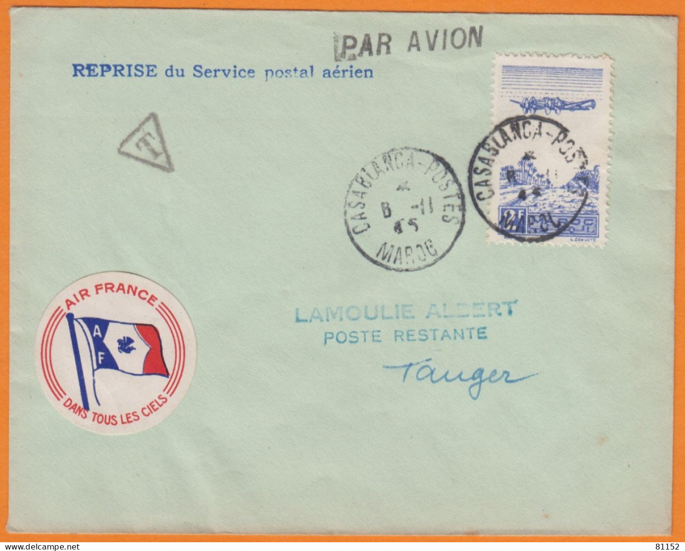 Maroc POSTE AERIENNE 2F Sur Lettre De CASABLANCA-POSTES  Le 6 II 1945 Avec " Reprise Service Postal Aérien " - Luchtpost