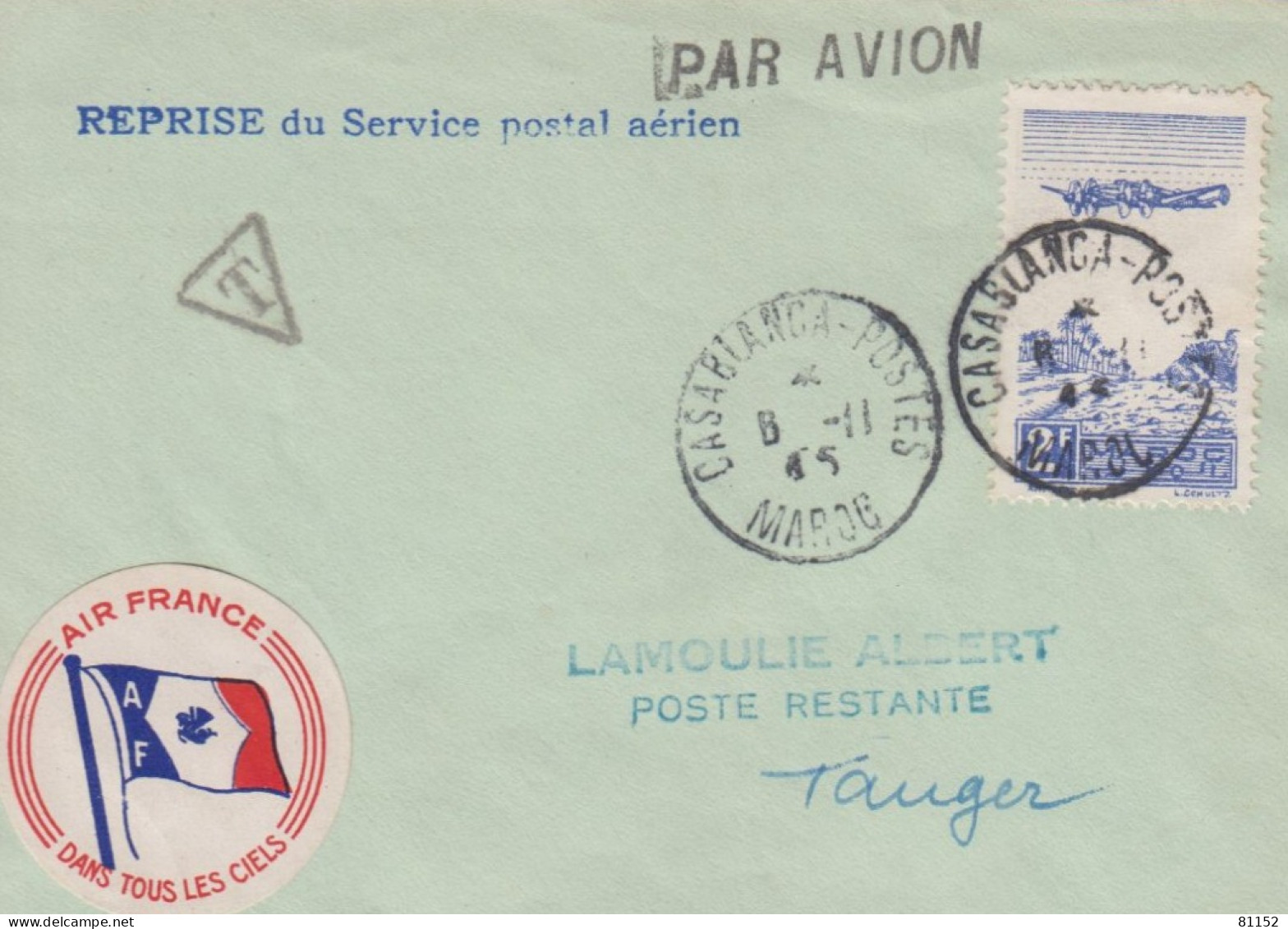 Maroc POSTE AERIENNE 2F Sur Lettre De CASABLANCA-POSTES  Le 6 II 1945 Avec " Reprise Service Postal Aérien " - Aéreo