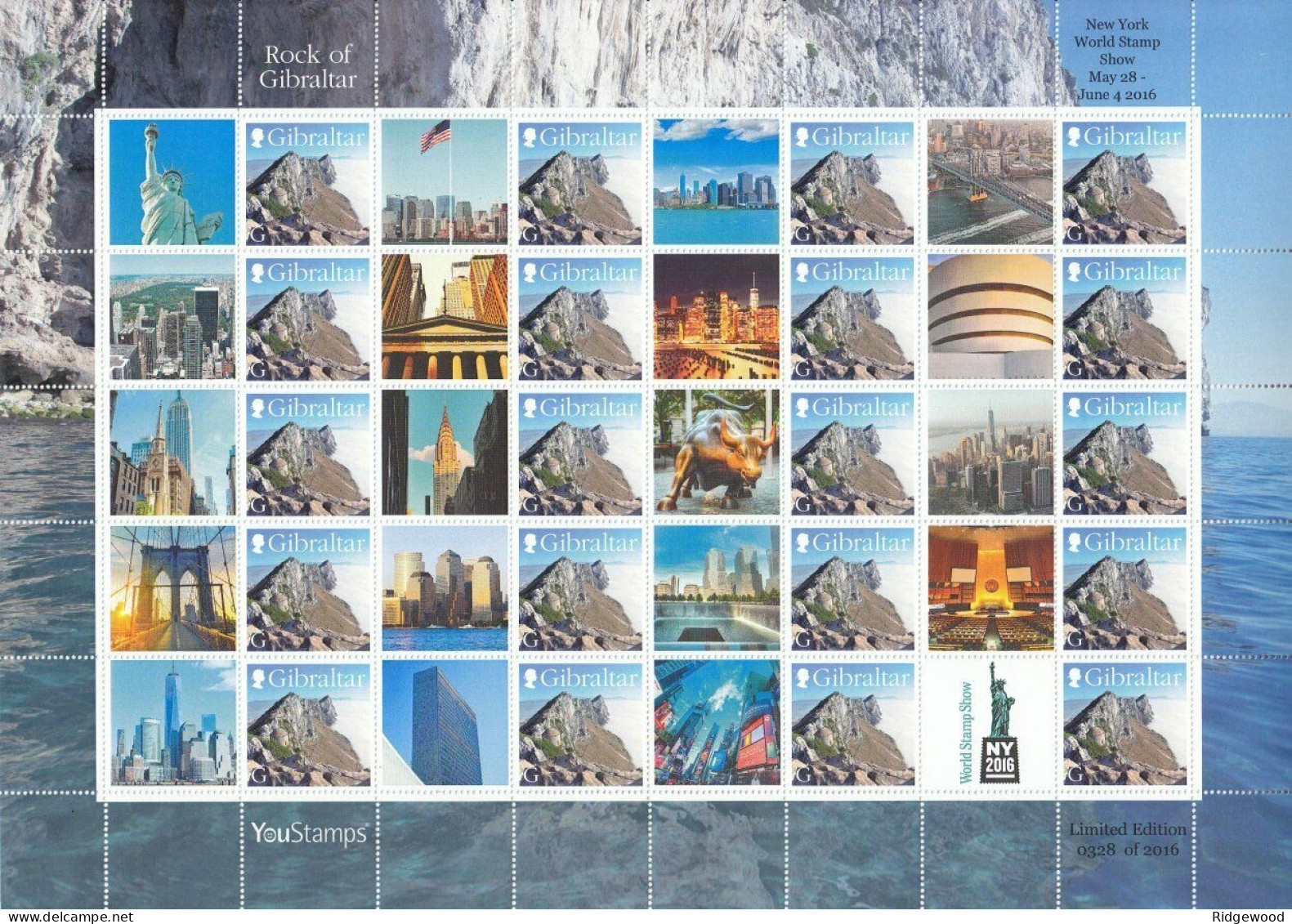 2016 Gibraltar - YouStamps© Stamp Sheet - World Stamp Show NY2016 - 20 X G Value - MNH - Gibraltar
