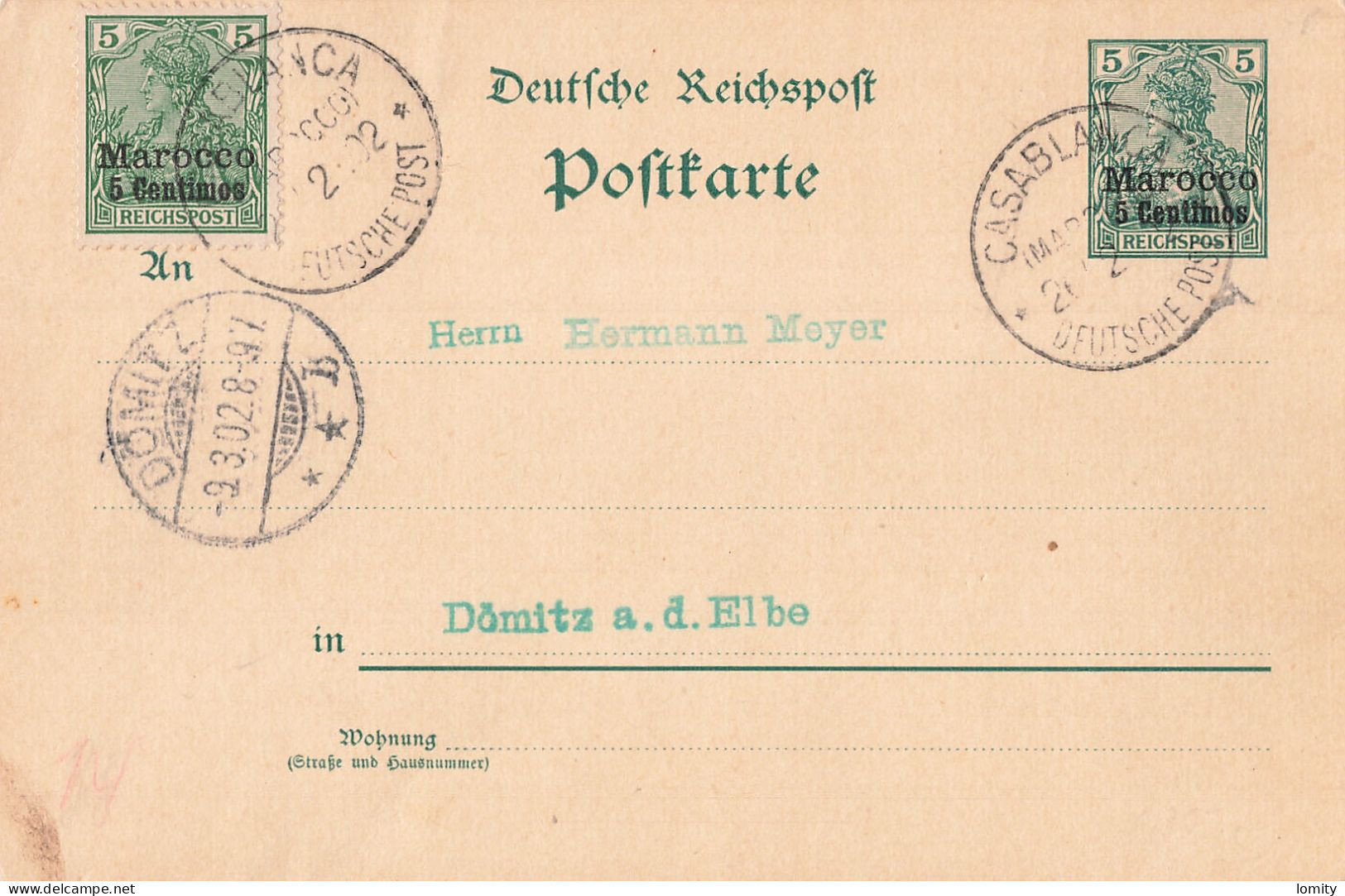 Colonie Allemande Bureau Allemand Maroc Deutsche Post In Marokko Ganzsache Stationery Entier Postal + Timbre Cachet 1902 - Marruecos (oficinas)