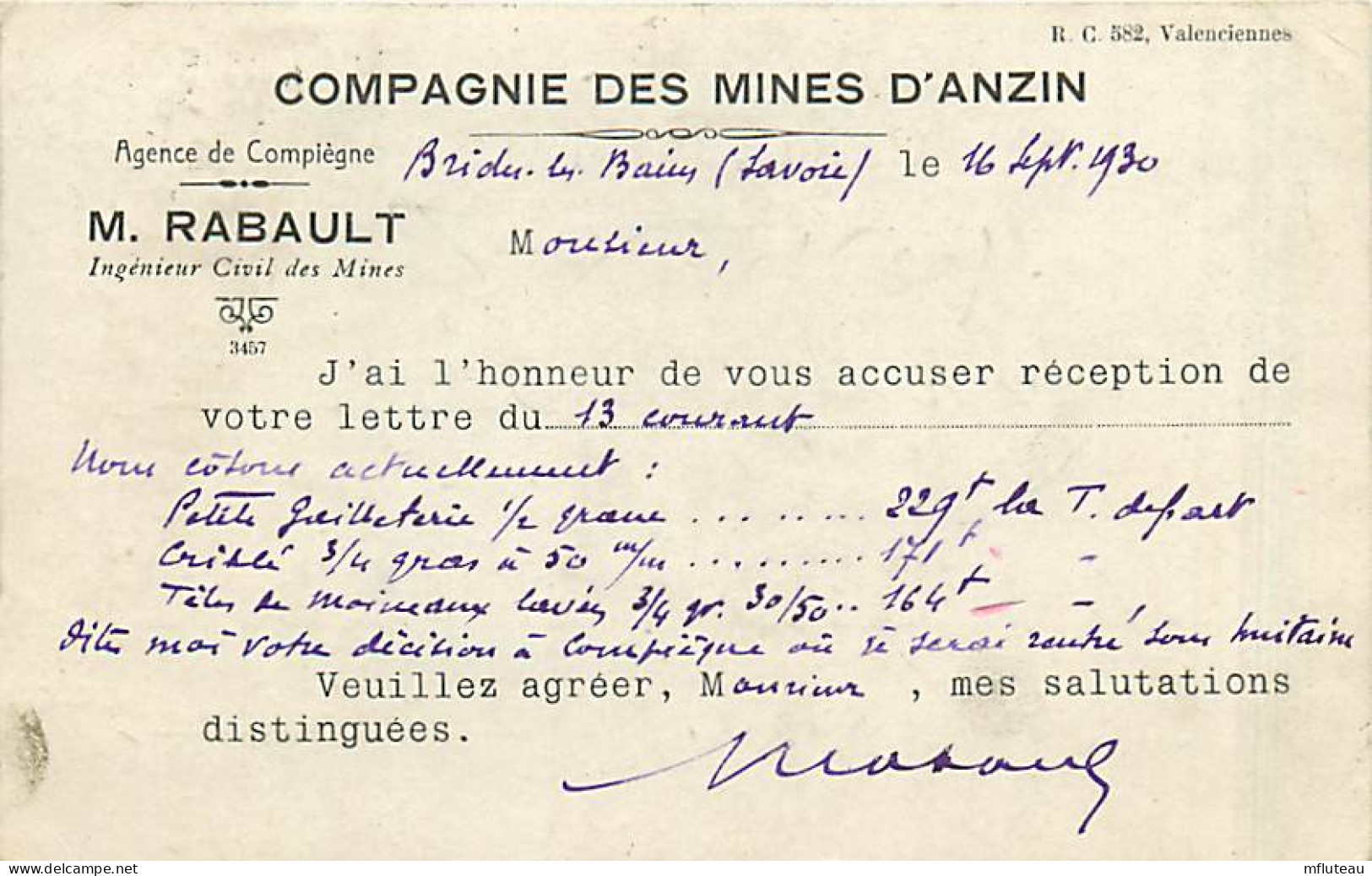 59* ANZIN  Correspondance Cie Des Mines         MA105,0374 - Anzin