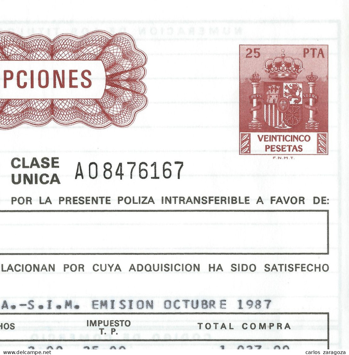 Póliza De TITULACIÓN DE SUSCRIPCIONES—Timbre Clase única, 25 Ptas—Timbrología—Entero Fiscal 1988 - Fiscali