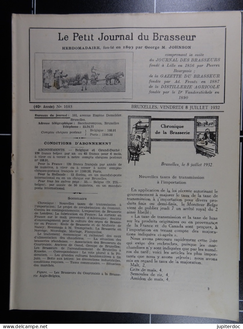 Le Petit Journal Du Brasseur N° 1683 De 1932 Pages 766 à 788 Brasserie Belgique Bières Publicité Matériel Brassage - 1900 - 1949