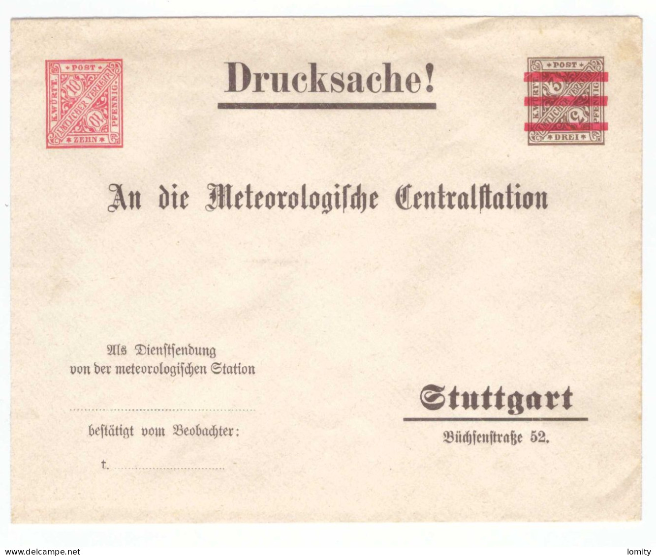 ALLEMAGNE Würtemberg Brief Ganzsache Stationery Lettre Entier Postal Stuttgart Meteorologische Station Meteorologique - Ganzsachen