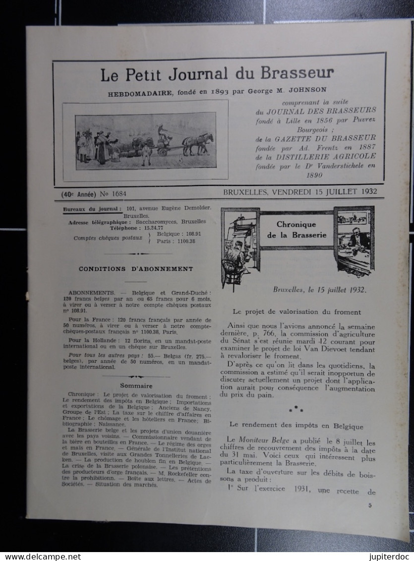 Le Petit Journal Du Brasseur N° 1684 De 1932 Pages 790 à 816 Brasserie Belgique Bières Publicité Matériel Brassage - 1900 - 1949