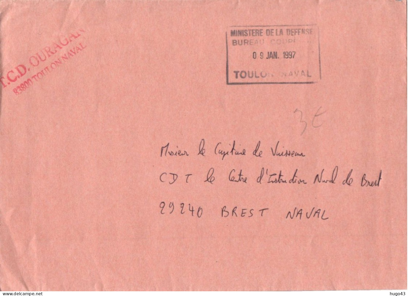 ENVELOPPE AVEC CACHET T.C.D. OURAGAN - LE 09/01/1997 - TOULON NAVAL - GF - Naval Post