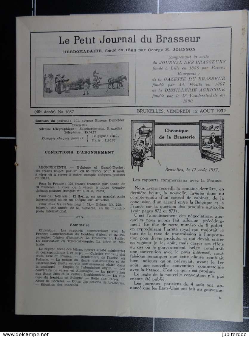 Le Petit Journal Du Brasseur N° 1687 De 1932 Pages 878 à 904 Brasserie Belgique Bières Publicité Matériel Brassage - 1900 - 1949