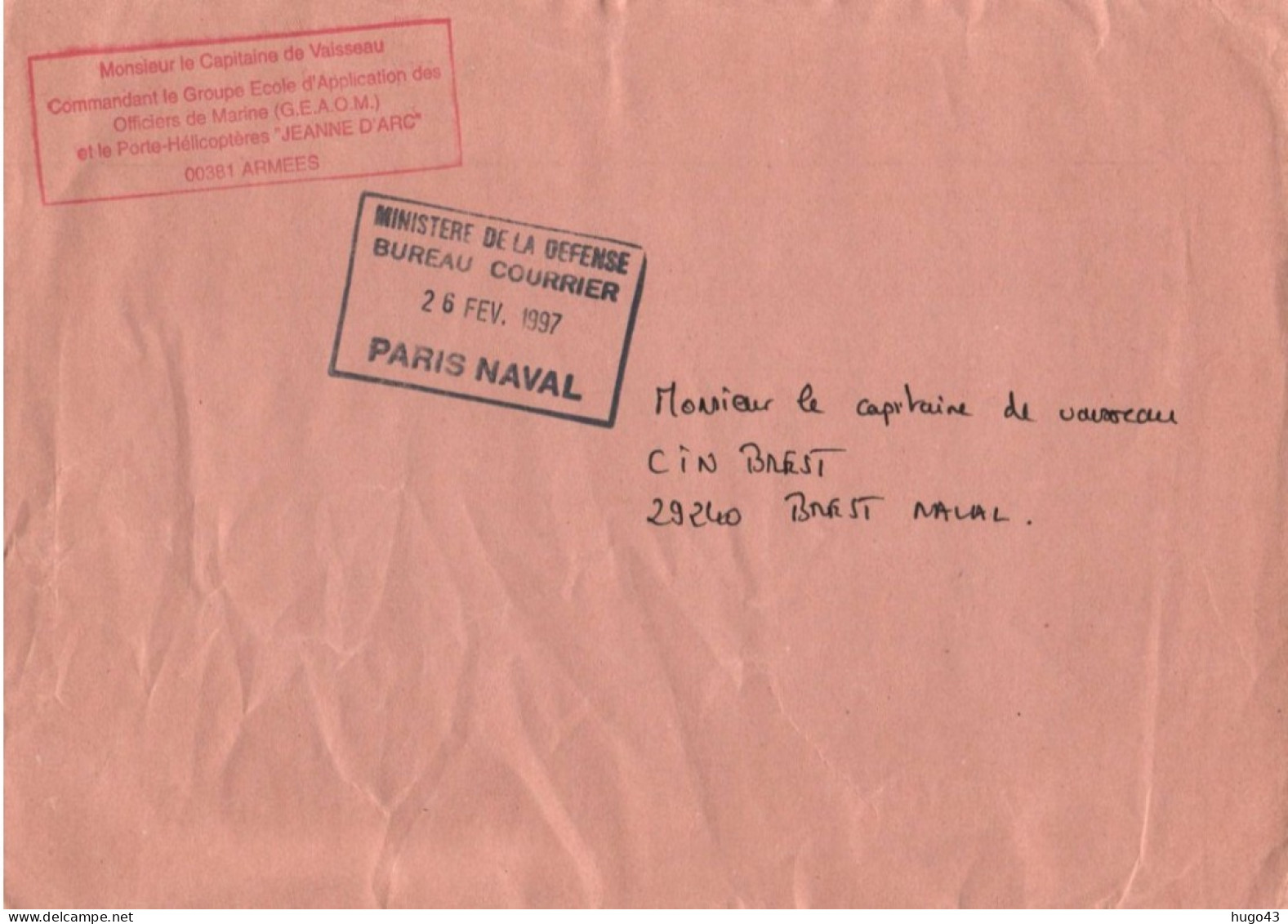 ENVELOPPE AVEC CACHET M. LE CAPITAINE DE VAISSEAU - G.E.A.O.M. ET P.H. JEANNE D' ARC - PARIS NAVAL LE 26/02/1997 - GF - Seepost