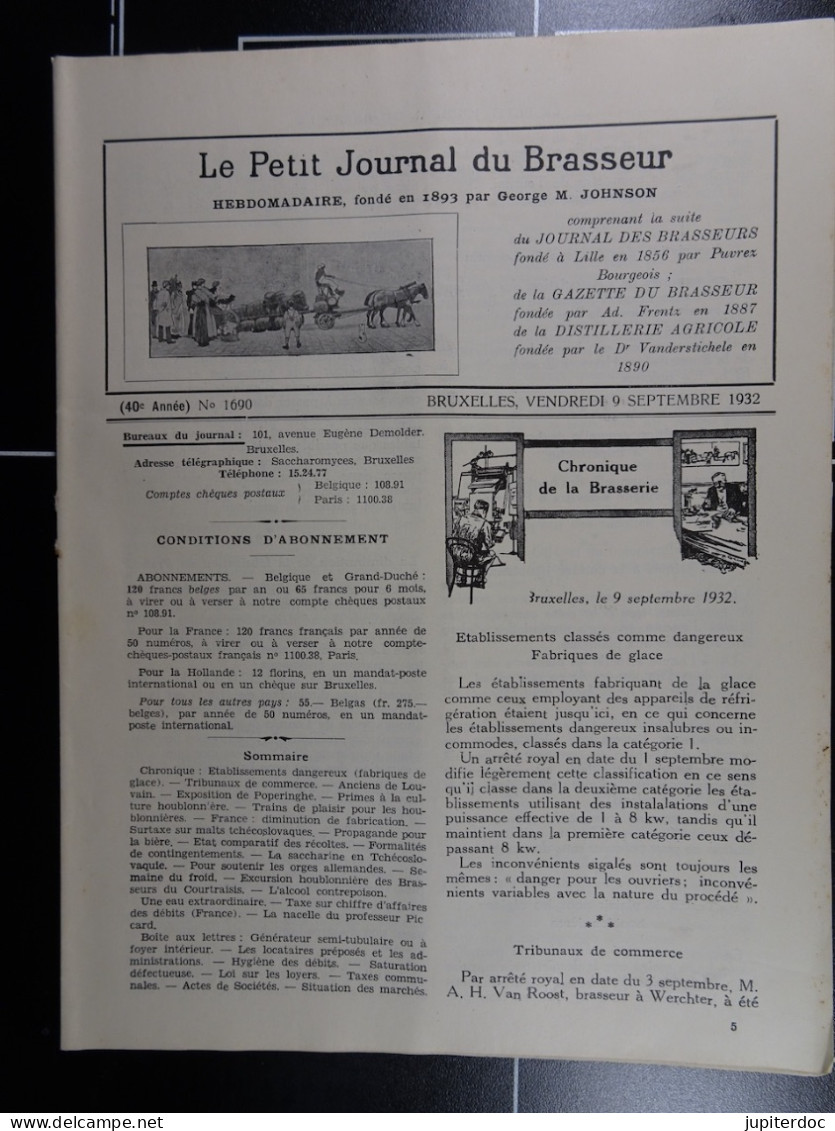 Le Petit Journal Du Brasseur N° 1690 De 1932 Pages 958 à 984 Brasserie Belgique Bières Publicité Matériel Brassage - 1900 - 1949