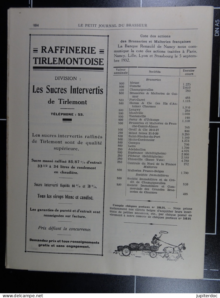 Le Petit Journal Du Brasseur N° 1690 De 1932 Pages 958 à 984 Brasserie Belgique Bières Publicité Matériel Brassage - 1900 - 1949